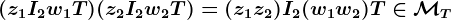 (z1I2+w1T)+(z2I2+w2T)=(z1+z2)I2+(w1+w2)T\in\mathcalMT