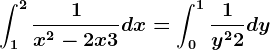 \int1^2\frac1x^2-2x+3dx=\int0^1\frac1y^2+2dy