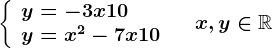 \left \ \beginarrayl y=-3 x + 10\\ y=x^2 - 7 x + 10 \endarray \right.\quad x,y\in \mathbbR