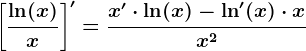 \left [ \frac\ln(x)x \right ]'=\fracx'\cdot \ln(x)-\ln'(x)\cdot xx^2