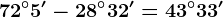 72^\circ5'-28^\circ32'=43^\circ33'