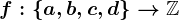 f:\left\a,b,c,d\right\-->\mathbbZ
