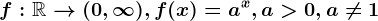 f:\mathbbR--> (0,\infty ), f(x)=a^x,a> 0,a\neq 1