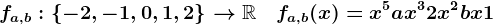 fa,b:\left\-2,-1,0,1,2\right\-->\mathbbR\quad fa,b(x)=x^5+ax^3+2x^2+bx+1