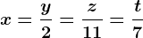x=\fracy2=\fracz11=\fract7